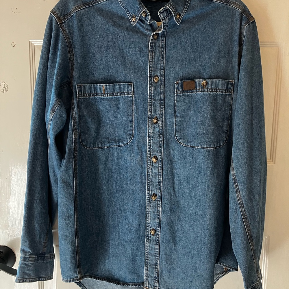 WRANGLER RIGGS WORKGEAR Large long sleeve button down denim shirt 100% cotton